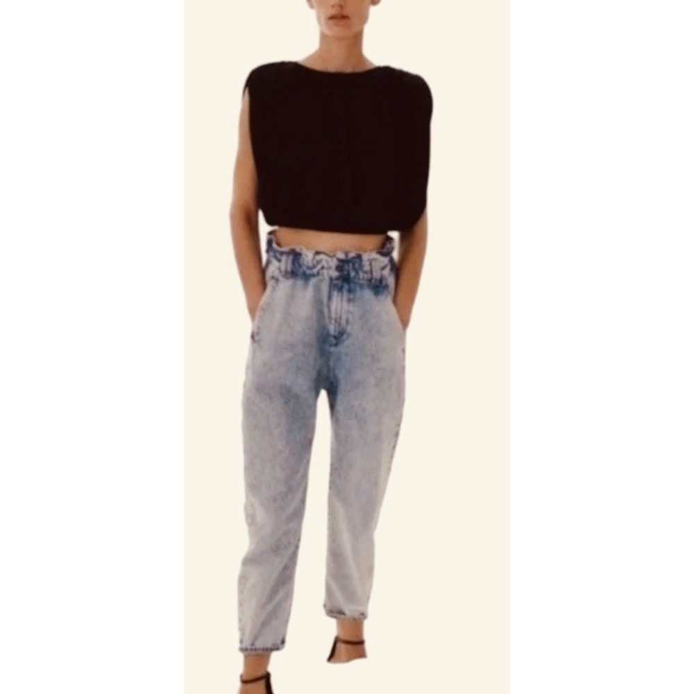 Zara Women's Baggy Fit Paper Bag Leg Rigid Ankle Jeans High Rise Size 8
